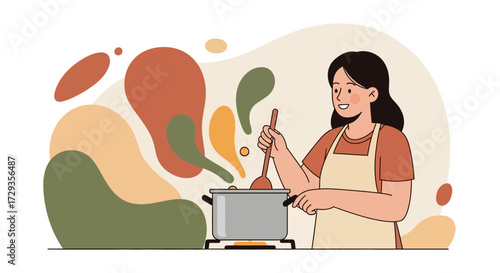 Happy Female Cooking, Stirring Food in a Pot On the Stove, Culinary Illustration