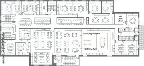 Vector art of architectural floor plan of a large office space with cubicles, meeting rooms, and reception area