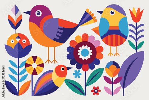 Colorful Geometric Birds and Flowers in Scandinavian Folk Art Style animal nature