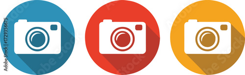 camera app icon set three colorful circular photography icons blue red yellow flat vector longshadow