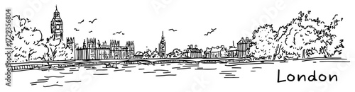 London Thames Panorama with Big Ben and Westminster