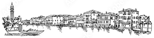 Venice Canal Waterfront Panorama Vintage Engraving Vector