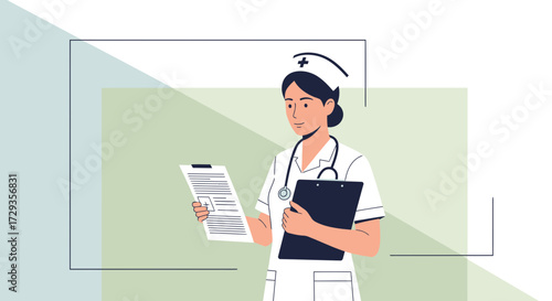 Healthcare Professional Reviewing Documentation: A Modern Vector Illustration Depicting Medical Care