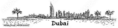 Dubai Skyline with Burj Al Arab Hand Drawn