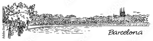 Barcelona Waterfront Skyline Hand Drawn View