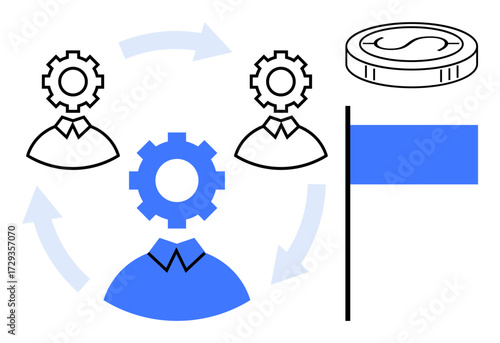 Team members with gearheads symbol, blue arrows signifying collaboration, coin showing financial success, and flag denoting goal setting. Ideal for teamwork, collaboration, strategy, success