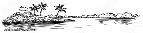 Miami Florida Tropical Shoreline with Palm Trees Line Art Vector