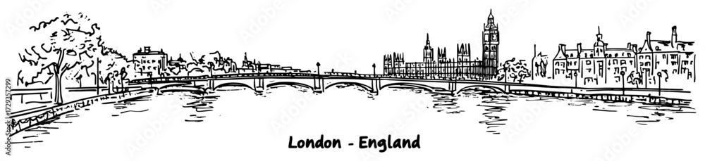 Fototapeta premium London Westminster Bridge and Big Ben Panorama Line Art Vector