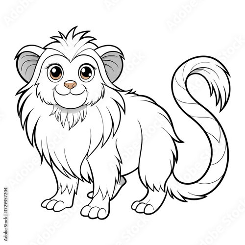 Cartoon lemur with fluffy white fur and ringed tail