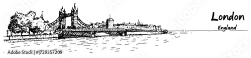 Tower Bridge London Riverside Panorama Line Art Vector