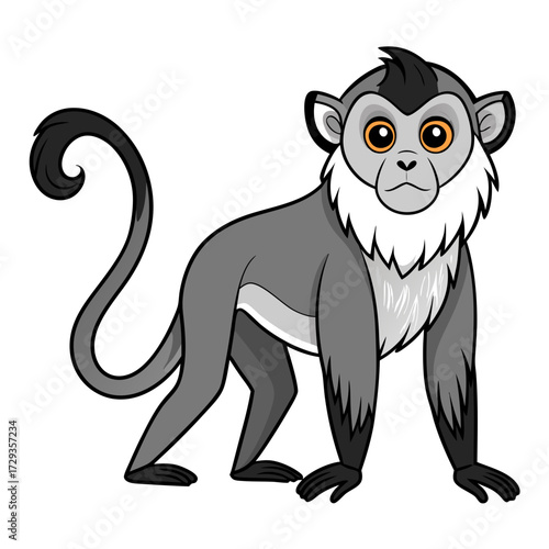Cartoon monkey with gray fur and bright orange eyes