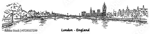 London Westminster Bridge and Big Ben Panorama Line Art Vector