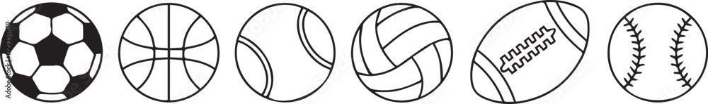 Obraz premium minimal line art sports balls set soccer basketball tennis volleyball football baseball clipart vector png jpeg eps