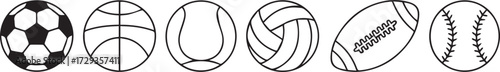 sports equipment line drawings vector pack soccer ball basketball tennis ball volleyball football baseball editable icons