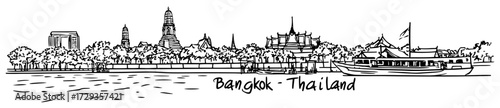 Bangkok Thailand Riverside Skyline Vintage Engraving Vector