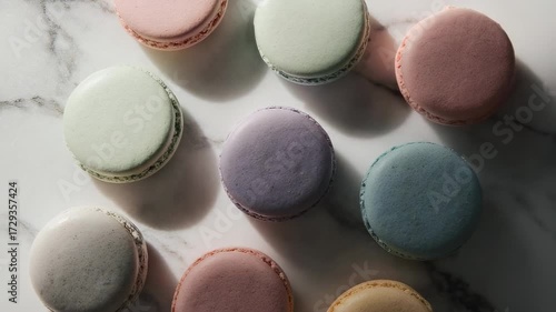 Overhead view of colorful macarons on a marble surface, evenly spaced