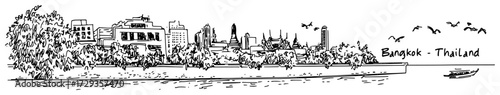 Bangkok Thailand Skyline Across the River Vintage Engraving Vector