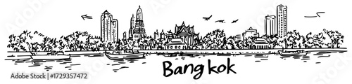Bangkok Riverside Skyline Hand Drawn Panorama