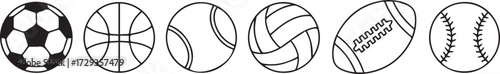 minimal line art sports balls set soccer basketball tennis volleyball football baseball clipart vector png jpeg eps