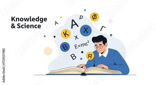 Illustration Of A Man Reading A Book And Symbols Floating To Represent Science Knowledge