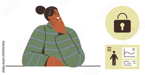 Person contemplating with hand on chin, beside lock graphic and data visualization. Ideal for privacy, identity, cybersecurity, decision-making, personal growth, strategy and analytics concepts. A