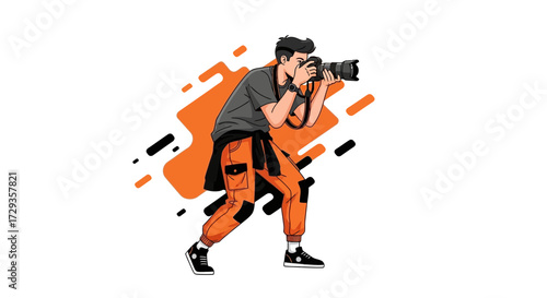 Illustration of a photographer taking a photo using digital camera and orange background