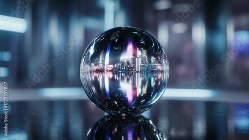A reflective sphere mirrors a cityscape, glowing with lights, on a dark surface