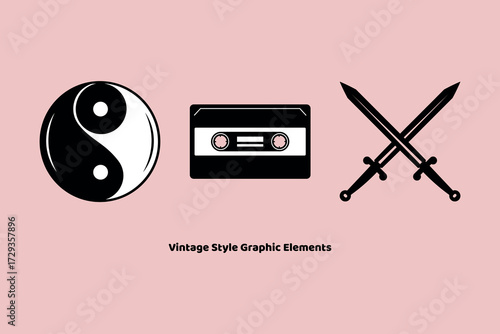 Vintage style graphic elements Yin Yang Cassette Tape Crossed Swords
