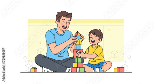 Joyful Father And Son Building A Tower With Colorful Wooden Blocks Together