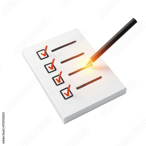 Checklist on a white paper with tick marks marked in red alongside a pen on a black background, depicting completion, and a conceptual illustration representing concepts of planning and achieving...