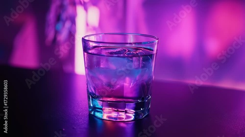 A glass of clear liquid with ice, illuminated by vibrant purple and blue light