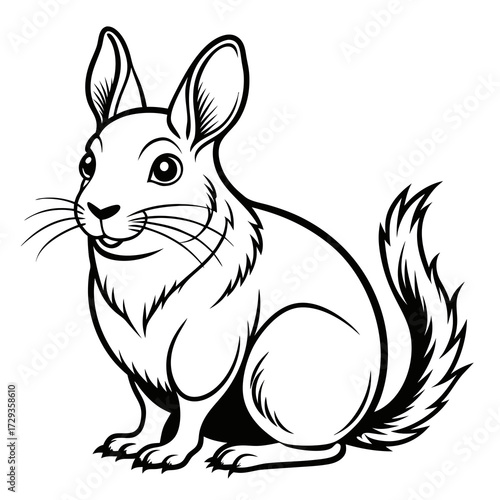 Stylized monochrome drawing of a long-eared chinchilla sitting upright