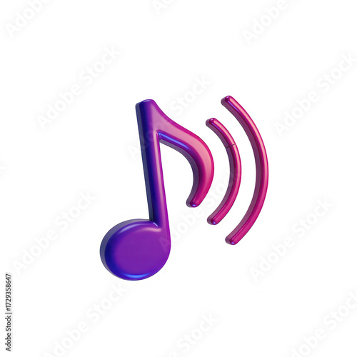 Vibrant musical note in shades of purple and pink emanating sound waves against a stark black background.