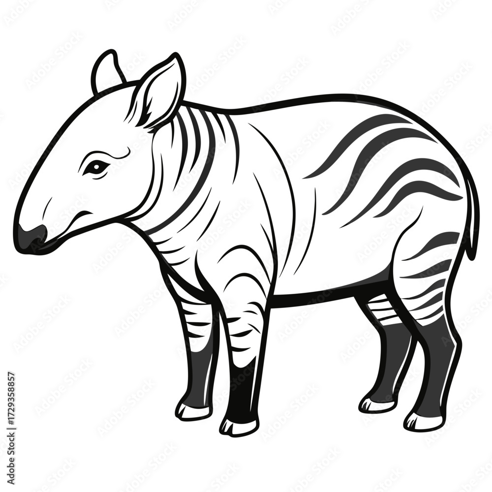 Fototapeta premium Monochrome Tapir Illustration with Bold Outline and Striped Pattern