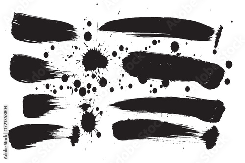 Set of Black Grunge Paint Brush Strokes and Ink Splatters

