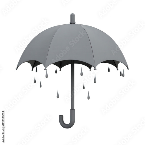 Detailed illustration presents a gray umbrella with rain drops suspended beneath, offering a sense of protection and showcasing a monochromatic color scheme against a stark black background,...
