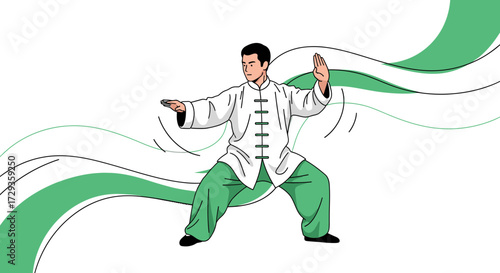 Kung Fu Practitioner Performing Traditional Martial Arts Movements On A White Background