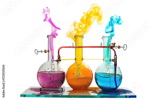 Colorful chemical reactions in laboratory flasks creating vibrant smoke and bubbles during a science experiment at the lab isolated on transparent background