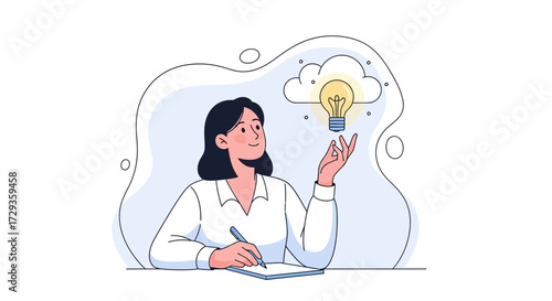 Illustration of a woman with an idea about how to solve a problem using a light bulb