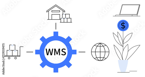 Gear labeled WMS connected to warehouse, pallet cart, laptop, globe, plant with dollar coin. Ideal for logistics, supply chain, warehouse automation, e-commerce globalization growth strategy
