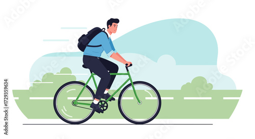 Man Cycling to Work or Leisure, Enjoying Environment through Healthy Outdoor Activity