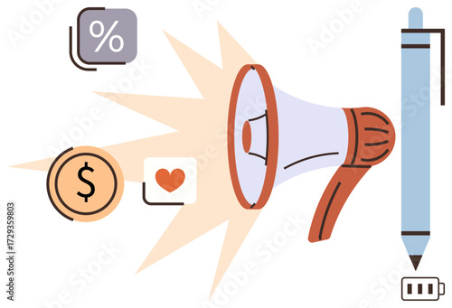 Megaphone emitting light, dollar coin, heart envelope, percentage sign, pen, and battery. Ideal for communication, marketing creativity finance advertising branding business planning. Simple