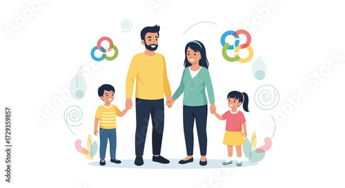Loving Family Standing Together, Children Holding Hands With Parents, Vector Illustration