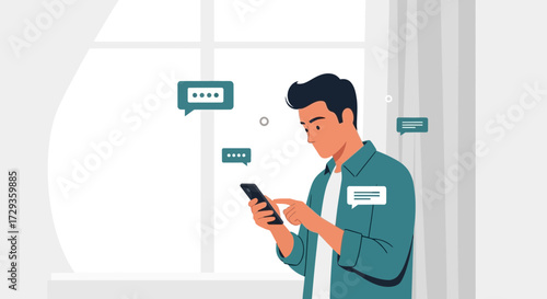Man Engaged in Interactive Mobile Messaging with Digital Conversations Visualized