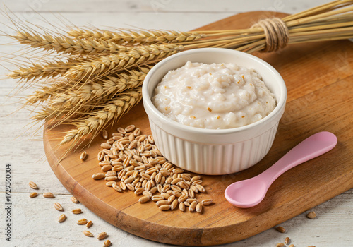 Baby wheat porridge mix with grains on wooden board