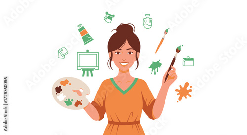 Illustration of an artist holding painting tools and materials with a smile