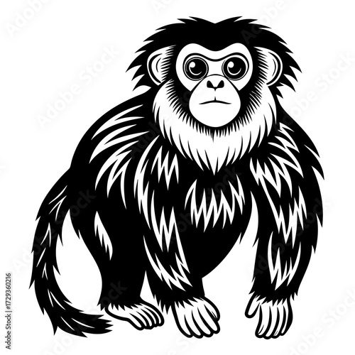 Stylized black and white drawing of a curious gibbon