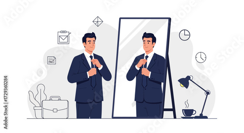 Man Fastening Tie to Refect in Mirror Prepares for Elegant Corporate Career Activity