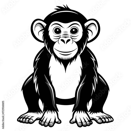 Cartoon monkey sitting upright in graphic black and white