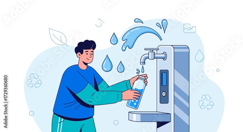 Man Refilling Recyclable Water Bottle From Modern Drinking Fountain For Sustainability